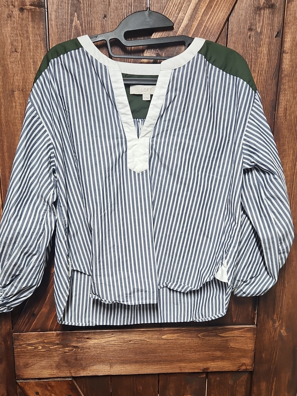 LOFT Navy & White Striped Tunic with Olive Shoulder Panels